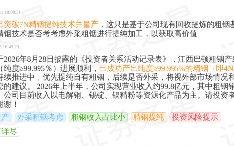 飞南资源9月18日回应精铟提纯话题：已产出4N精铟，优先提纯自有粗铟，后续外采视市场情况而定