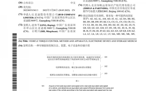 比亚迪新获得国际专利授权：“一种车辆扭矩控制方法、装置、电子设备和存储介质”