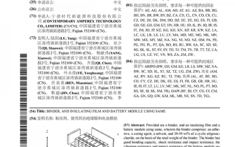 宁德时代获得国际专利授权：“粘结剂、使用其的绝缘膜和电池模组”