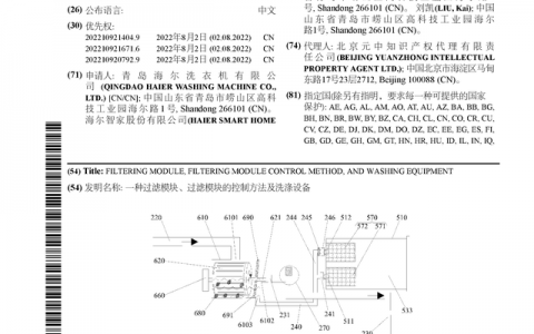 海尔智家公布国际专利申请：“一种过滤模块、过滤模块的控制方法及洗涤设备”