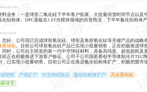 国瓷材料9月19日回应高速覆铜板话题：球形氧化硅已小批量销售，中空球硅推进客户验证
